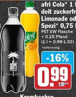 afri Cola 1 l oder deit zuckerfreie Limonade oder Spezi 0,75 l