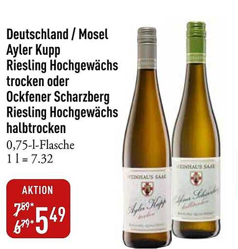 Ayler Kupp Riesling Hochgewächs trocken oder Ockener Scharzberg Riesling Hochgewächs halbtrocken 0,75-l-Flasche