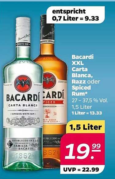 Bacardi XXL Carta Blanca, Razz oder Spiced Rum 1,5 Liter