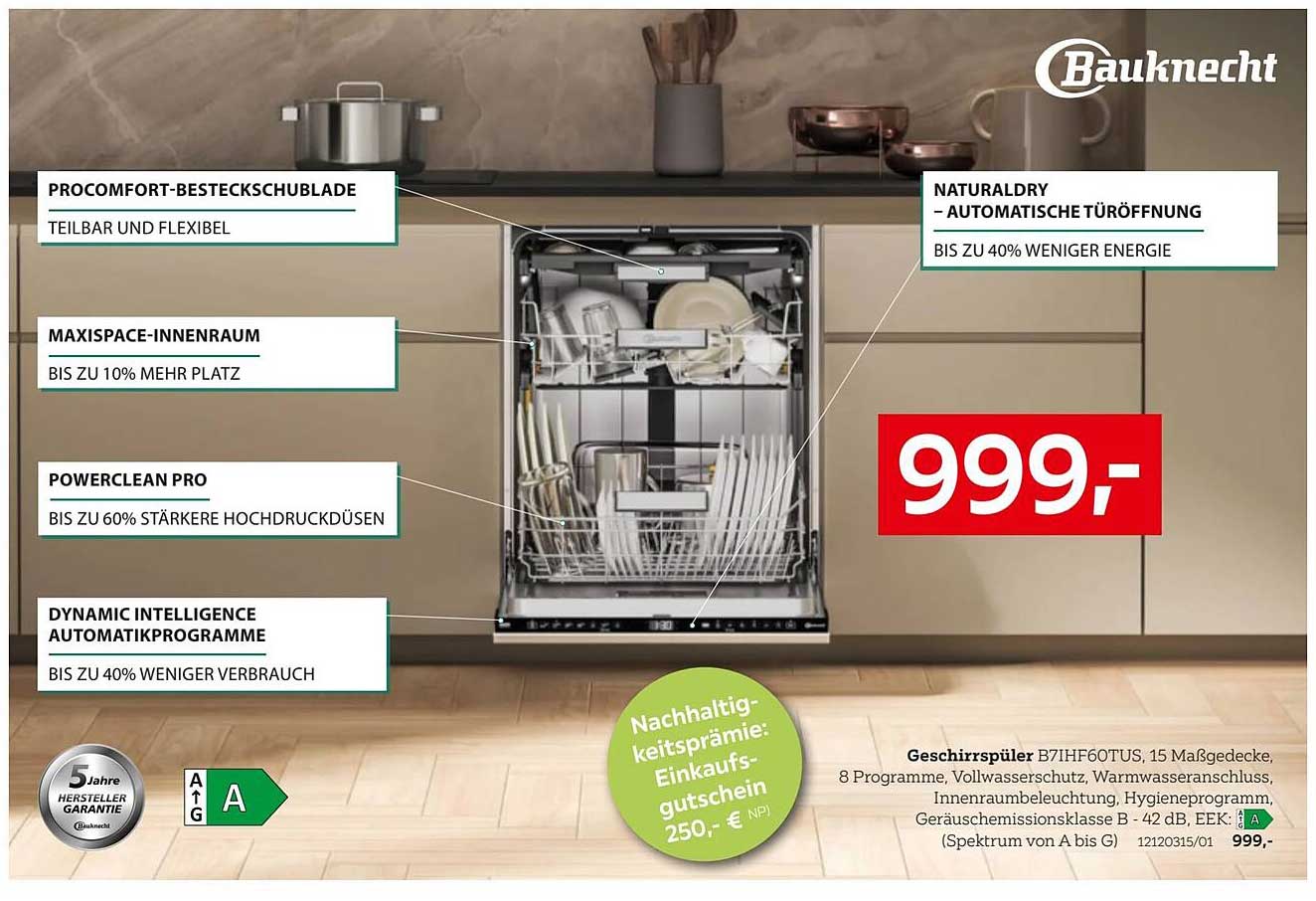 Bauknecht Geschirrspüler B7IHF60TUS für 999,- Euro