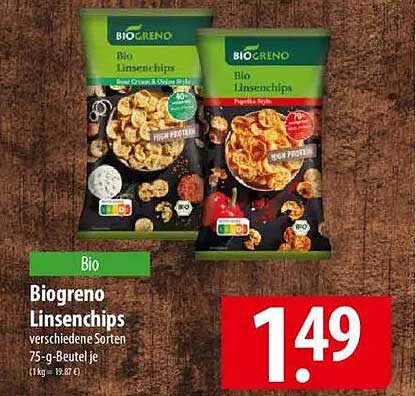Biogreno Linsenchips verschiedene Sorten 75-g-Beutel je