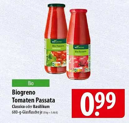 Biogreno Tomaten Passata Classico oder Basilikum 680-g-Glasflasche