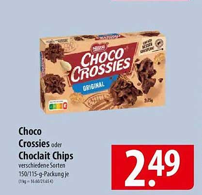 Choco Crossies oder Chocolait Chips verschiedene Sorten 150/115-g-Packung je