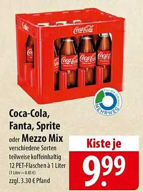 Coca-Cola, Fanta, Sprite oder Mezzo Mix - 12 PET-Flaschen à 1 Liter für nur 9,99 €!