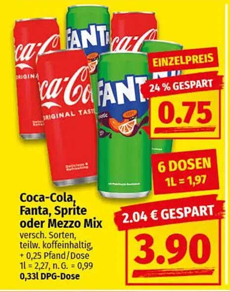 Coca-Cola, Fanta, Sprite oder Mezzo Mix - 6 Dosen für 3,90 €