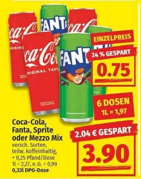 Coca-Cola, Fanta, Sprite oder Mezzo Mix 6 Dosen