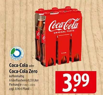 Coca-Cola oder Coca-Cola Zero 6er Pack (0,33 Liter)