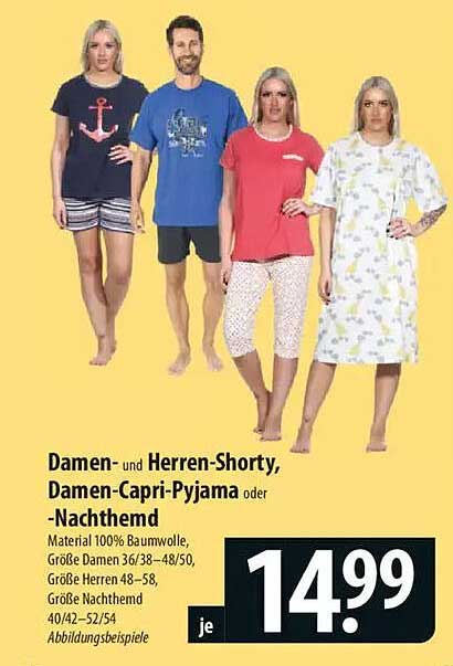 Damen- und Herren-Shorty, Damen-Capri-Pyjama oder Nachthemd