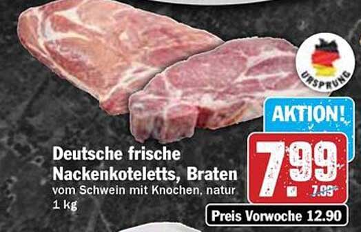 Deutsche frische Nackensteaks, Braten vom Schwein mit Knochen, natur 1 kg