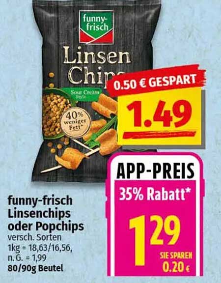 funny-frisch Linsenchips oder Popchips 80/90g Beutel