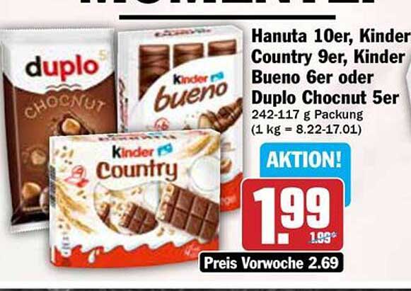 Hanuta 10er, Kinder Country 9er, Kinder Bueno 6er oder Duplo Chocnut 5er