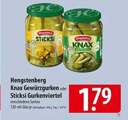 Hengstenberg Knax Gewürzgurken oder Sticksi Gurkenviertel 720-ml-Glas