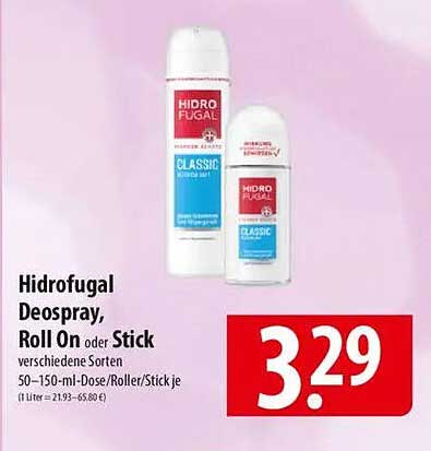 Hidrofugal Deospray, Roll On oder Stick verschiedene Sorten 50–150-ml-Dose/Roller/Stick je