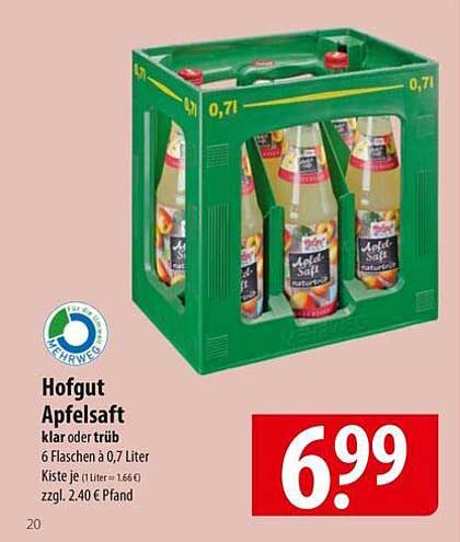 Hofgut Apfelsaft klar oder trüb, 6 Flaschen à 0,7 Liter