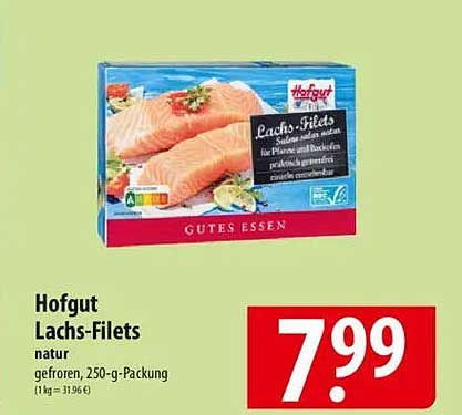 Hofgut Lachs-Filets natur, gefroren, 250-g-Packung
