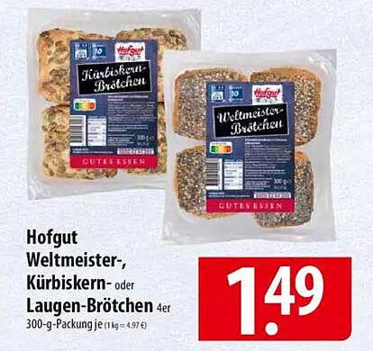 Hofgut Weltmeister-, Kürbiskern- oder Laugen-Brötchen 4er 300-g-Packung