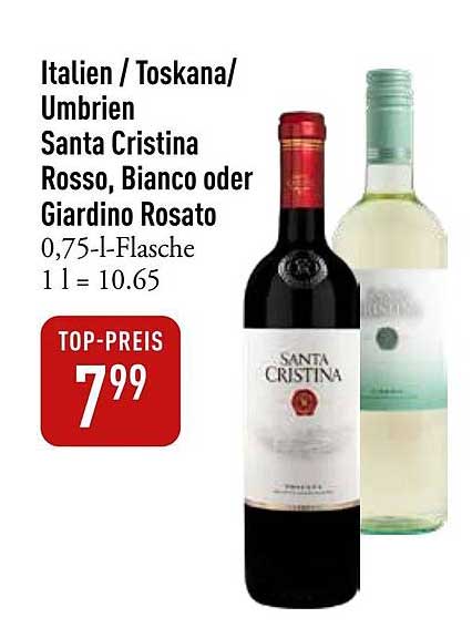 Italien / Toskana / Umbrien Santa Cristina Rosso, Bianco oder Giardino Rosato 0,75-l-Flasche