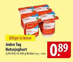 Jeden Tag Naturjoghurt, 3,5% Fett, 4 x 150-g-Becher