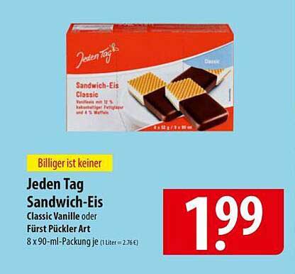 Jeden Tag Sandwich-Eis Classic Vanille oder Fürst Pickler Art 8 x 90-ml-Packung