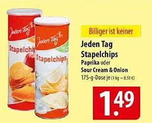 Jeden Tag Stapelchips Paprika oder Sour Cream & Onion 175-g-Dose