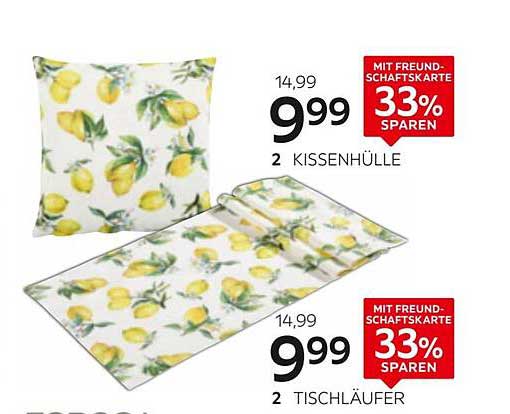 Kissenhülle und Tischläufer mit Zitronenmotiv
