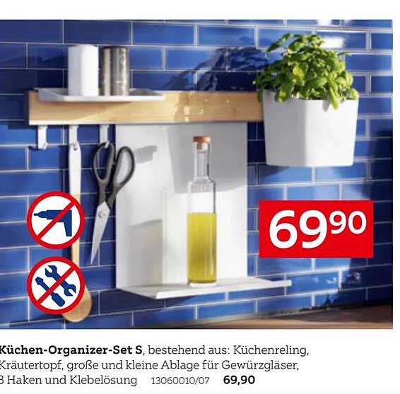 Küchen-Organizer-Set S, bestehend aus: Küchenregal, Kräutertopf, große und kleine Ablage für Gewürzgläser, 3 Haken und Klebelösung