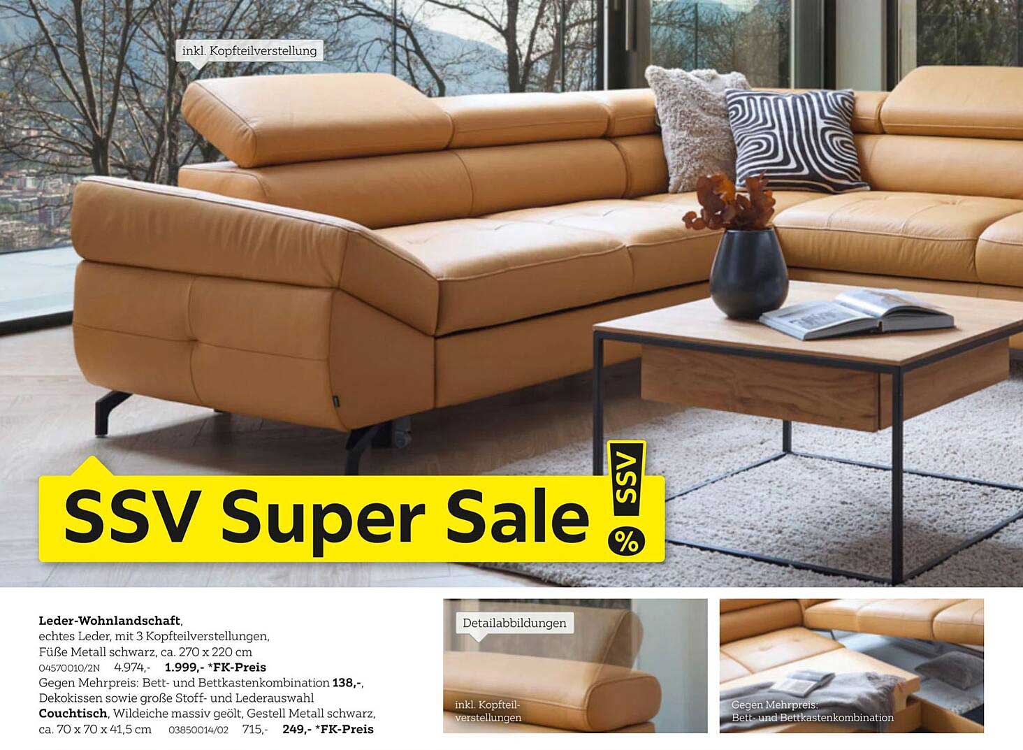 Leder-Wohnlandschaft mit 3 Kopfteilverstellungen