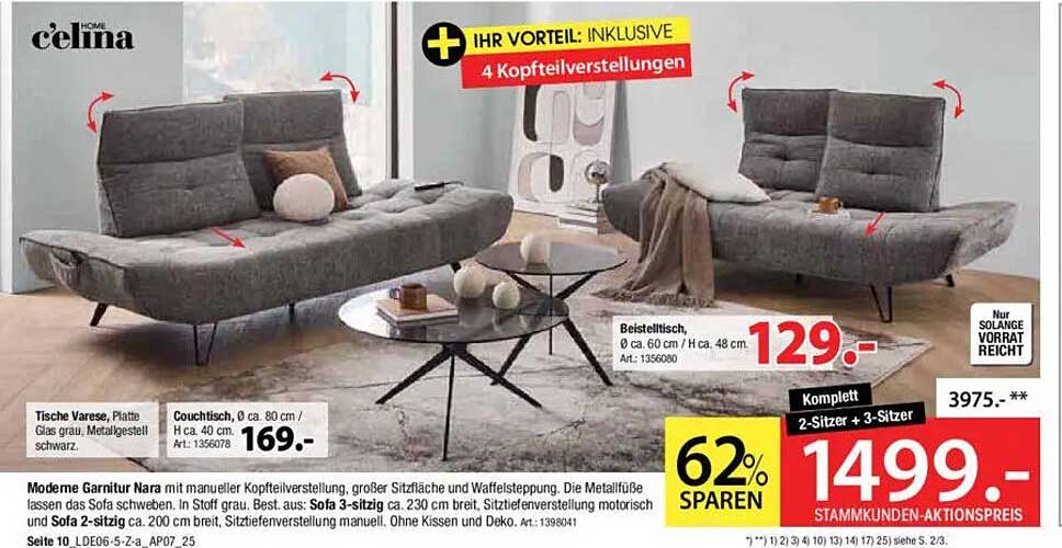Moderne Garnitur Nara mit Kopfteilverstellungen