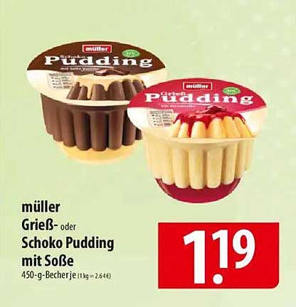 Müller Grieß- oder Schoko Pudding mit Soße 450-g-Becher