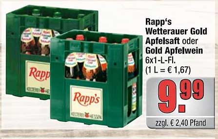 Rapp's Wetterauer Gold Apfelsaft oder Gold Apfelwein 6x1-L-Fl.