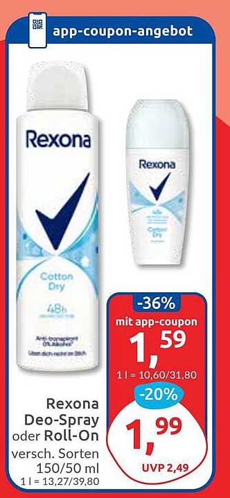 Rexona Deo-Spray oder Roll-On Cotton Dry 150/50 ml