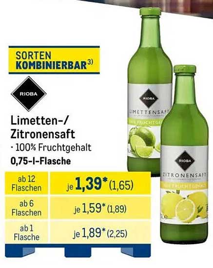 Rioba Limetten-/Zitronensaft – 100% Fruchtgehalt, 0,75-l-Flasche