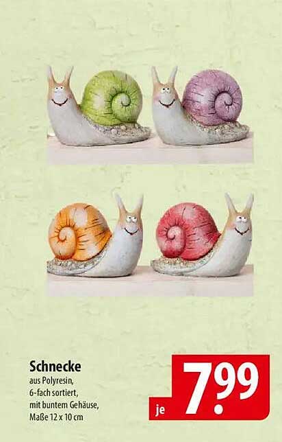 Schnecke aus Polyresin, 6-fach sortiert, mit buntem Gehäuse