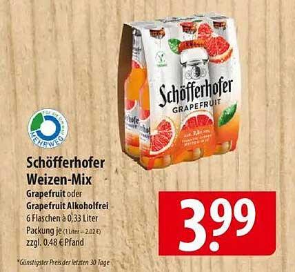 Schöfferhofer Weizen-Mix Grapefruit oder Grapefruit Alkoholfrei 6 Flaschen à 0,33 Liter