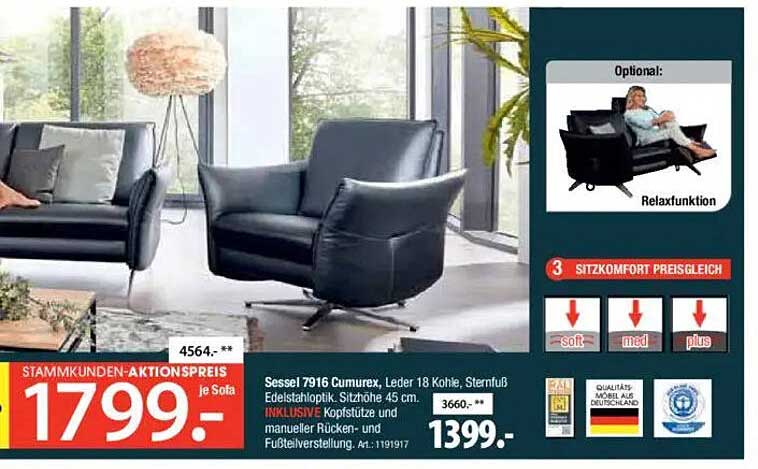Sessel 7916 Cumurex, Leder 18 Kohle, Sternfuß Edelstahloptik