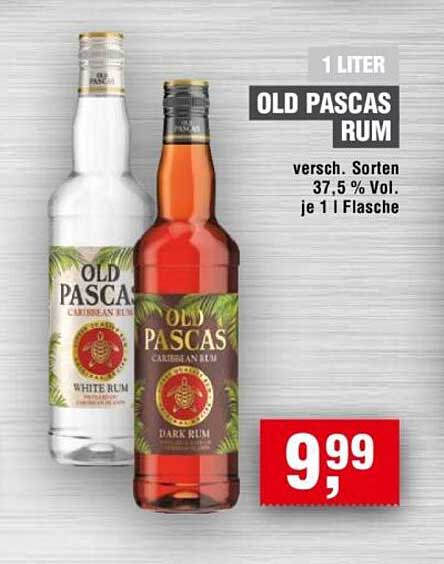 1 LITER OLD PASCAS RUM versch. Sorten 37,5 % Vol. je 1 l Flasche