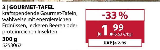 3 GOURMET-TAFEL kraftspendende Gourmet-Tafeln, wahlweise mit erdnüssen, leckeren Beeren oder proteinreichen Insekten
