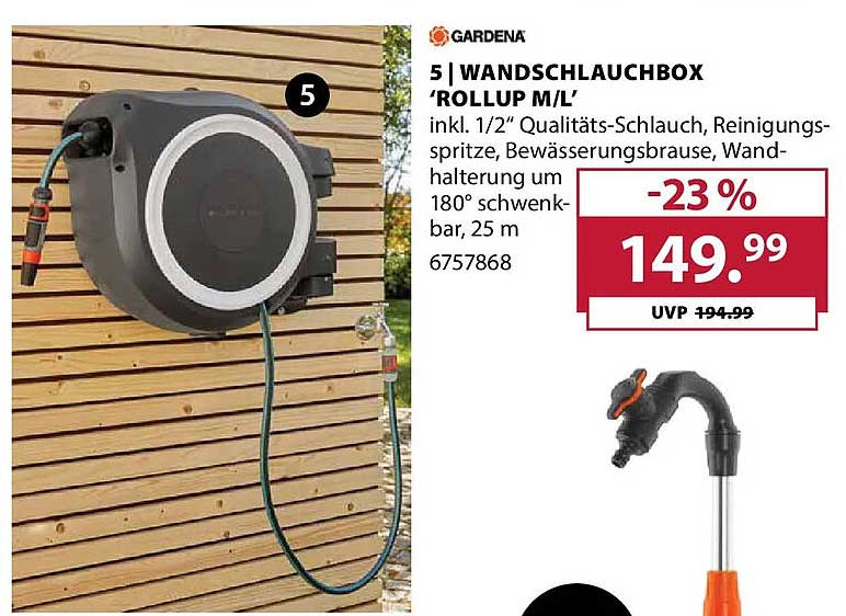 5 | WANDSCHLAUCHBOX 'ROLLUP M/L' inkl. 1/2" Qualitäts-Schlauch, Reinigungs- spritze, Bewässerungsbrause, Wand- halterung um 180° schwenk- bar, 25 m