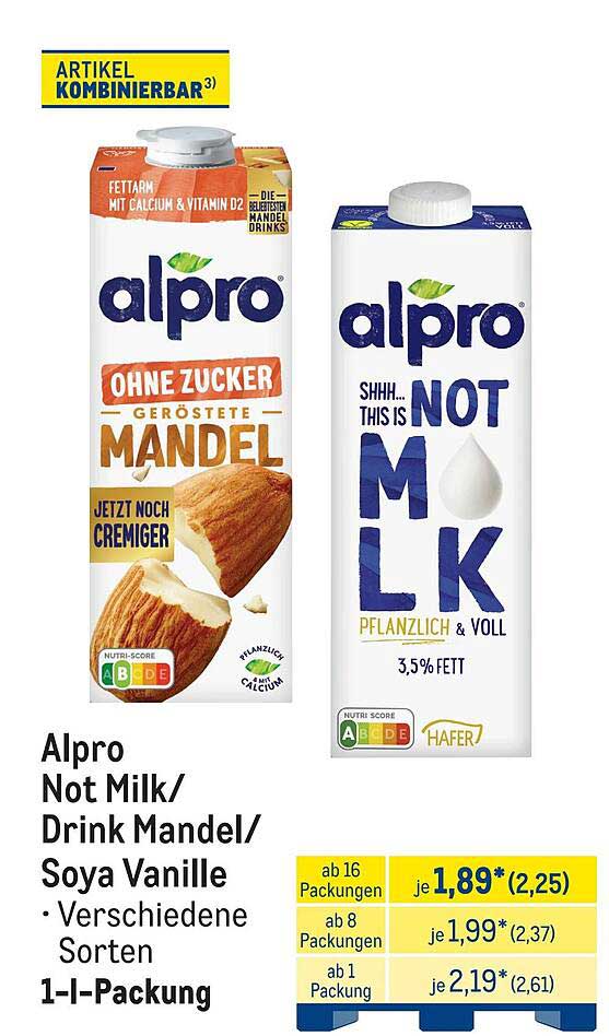 Alpro Not Milk/ Drink Mandel/ Soya Vanille · Verschiedene Sorten 1-l-Packung