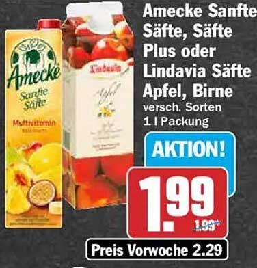 Amecke Sanfte Säfte, Säfte Plus oder Lindavia Säfte Apfel, Birne versch. Sorten 1 l Packung