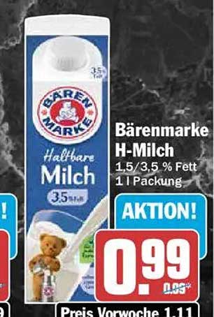 Bärenmarke H-Milch 1,5/3,5 % Fett 1 l Packung