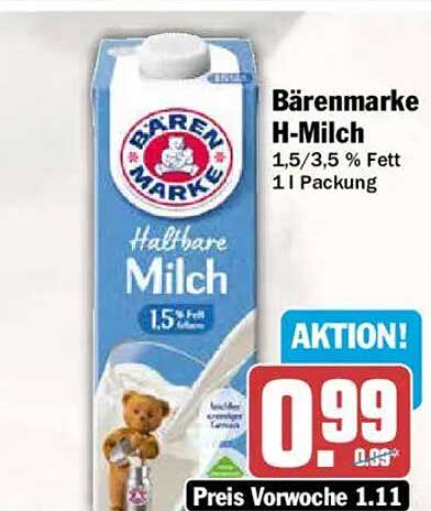 Bärenmarke H-Milch 1,5/3,5 % Fett 1 l Packung