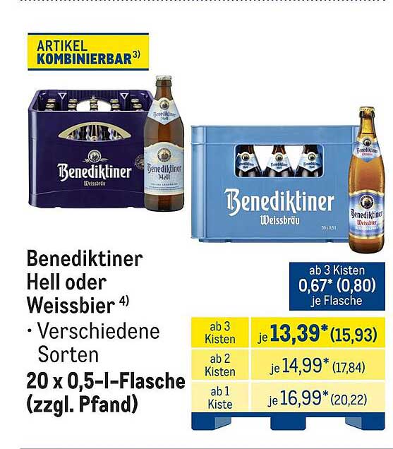 Benediktiner Hell oder Weissbier 4) • Verschiedene Sorten 20 x 0,5-l-Flasche (zzgl. Pfand)