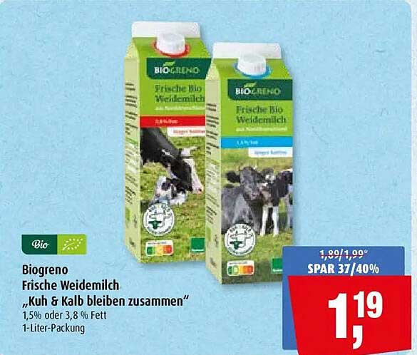 Biogreno Frische Weidemilch „Kuh & Kalb bleiben zusammen“ 1,5% oder 3,8 % Fett 1-Liter-Packung