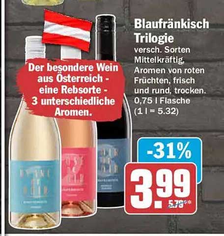 Blaufränkisch Trilogie verschn. Sorten Mittelkräftig, Aromen von roten Früchten, frisch und rund, trocken, 0,75 l Flasche (1 l = 5.32)