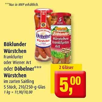 Böklunder Würstchen Frankfurter oder Wiener Art oder Dübener Würstchen im zarten Saitling 5 Stück, 210/250-g-Glas 1 kg = 11,90/10,00