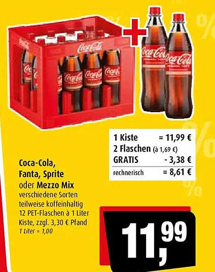 Coca-Cola, Fanta, Sprite oder Mezzo Mix verschiedene Sorten teilweise koffeinhaltig 12 PET-Flaschen à 1 Liter Kiste, zzgl. 3,30 € Pfand 1 Liter = 1,00