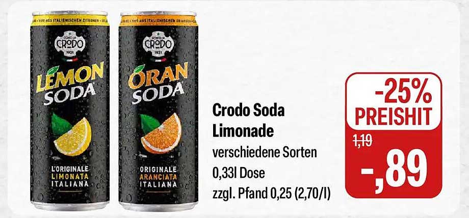 Crodo Soda Limonade verschiedene Sorten 0,33l Dose zzgl. Pfand 0,25 (2,70/l)