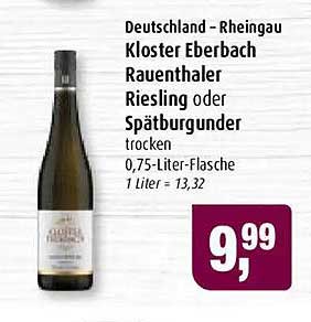 Deutschland - Rheingau Kloster Eberbach Rauenthaler Riesling oder Spätburgunder trocken 0,75-Liter-Flasche 1 Liter = 13,32