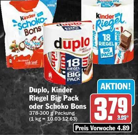 Duplo, Kinder Riegel Big Pack oder Schoko Bons 378-300 g Packung (1 kg = 10.03-12.63)